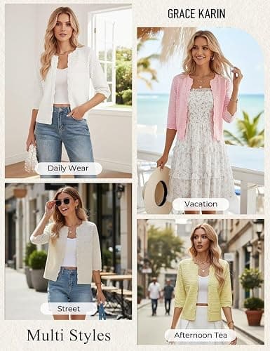 GRACE KARIN Womens 3/4 Sleeve Cardigan Sweater, Lightweight Cropped Cardigan Trendy, Dressy Casual Crochet Bolero Shrugs thumbnail 8