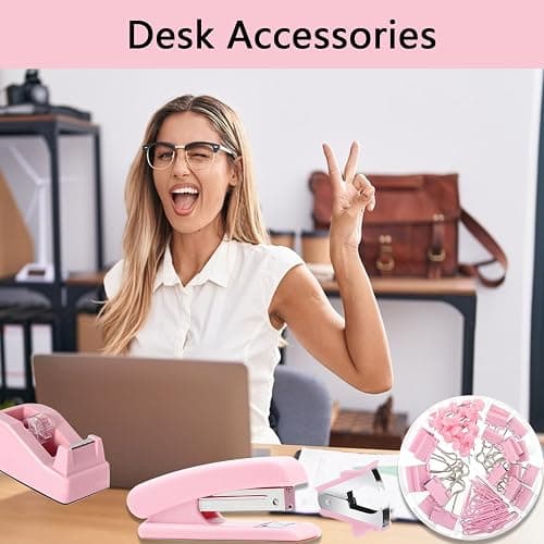 Office Supplies,Pink Desk Accessories,Office Supplies Set,Stapler and Tape Dispenser Set,Scissors,Staple Remover,Binder Clips,Staples,Ballpoint Pen,Index Tabs with Ruler,Clear Tape.9pcs for Office thumbnail 6