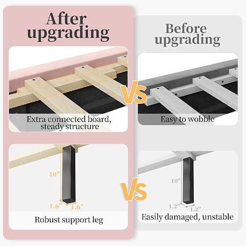 Yaheetech Queen Bed Frame Upholstered Platform Bed with Wing Side/Wooden Slat Support/Tufted Headboard with Wing Side/Mattress Foundation/No Box Spring Needed,Pink Queen Bed thumbnail 4