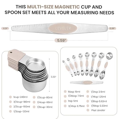 Magnetic Measuring Cups and Spoons Set-Heavy Duty 304 Stainless Steel | Double Measurement Markings,BPA-Free,Set of 16 with Leveler for Measuring Dry and Liquid Ingredients(Khaki) thumbnail 6