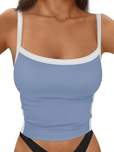 Trendy Queen Women's Double Lined Tank Tops Spaghetti Strap Square Neck Camisole Sleeveless Racerback Cropped Summer Clothes - X-Small - Lightblue - Image 1