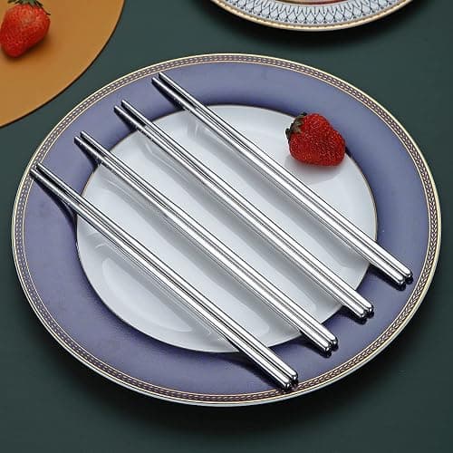 10 Pairs Reusable Chopsticks, Stainless Steel Metal Chop Sticks, Japanese Chinese Korean Chopstick Dishwasher Safe, 8.9 Inch (Silver / Chop sticks) thumbnail 3