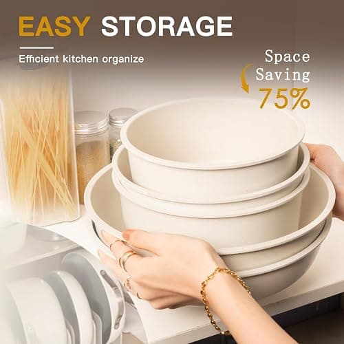 Astercook Ceramic Non-stick Cookware 21 Pcs Pots and Pans Set, Detachable Handle, RV Kitchen Non Stick Cooking Set Removable Handles, Oven Safe, Induction Ready, Stackable, Cream White thumbnail 6