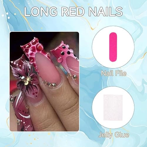 Auroriel 24 Stk Lange Quadratische Press On Nails Rosa French Tip mit Krokodilmuster Handgefertigte 3D Blumen Strass Kunstnägel Vollflächig Kleben Fall Acrylic Nail Set für Damen thumbnail 5