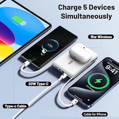 Azmuth for Magsafe Power Bank, 10000mAh Magnetic Battery Pack 20W | Portable Charger 20W PD Fast Charging with USB-C Cables, LED Display with Stand for iPhone 17/16/15/14/13/12 Series (White) thumbnail 5