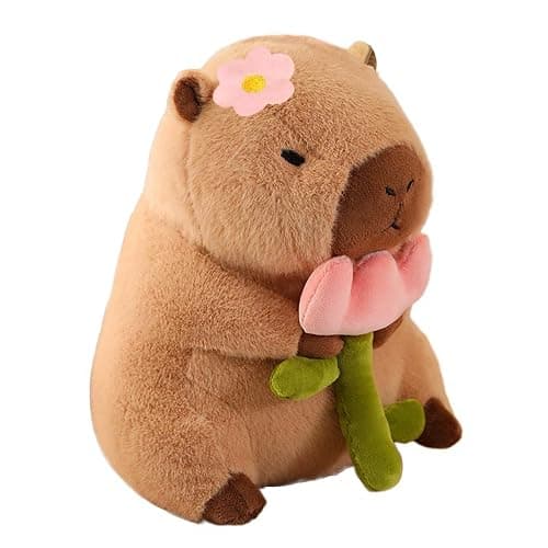 Karoeiwa Capybara Plush Holding Flower 11 inch Cute Tulip Capibara Stuffed Animal Ultra Soft Plushies Toys Kawaii Gifts for Kids Brown - Image 1