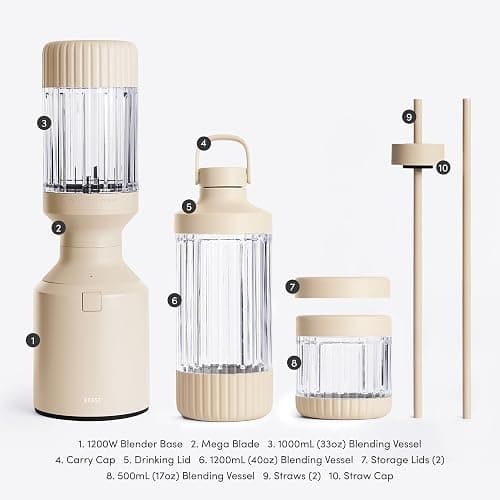Beast Mega 1200 Plus | Premium Countertop Blender | Smoothies, Shakes, Sauces, Dips, Soups | Blends Ice and Frozen Fruit | XL Vessel | With Extra Vessels, Straw System | 1200W | (Sand, 120V) thumbnail 7
