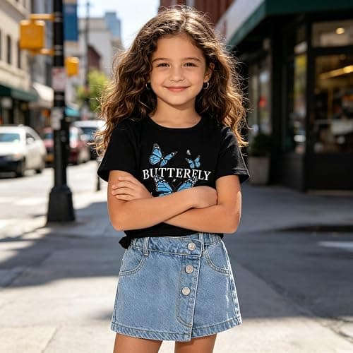 Voxikodex Girls Clothes 2PCS Butterfly Print Short Sleeve T-Shirt Denim Skirt Shorts Set Teen Tween Girls Summer Outfits Set thumbnail 4