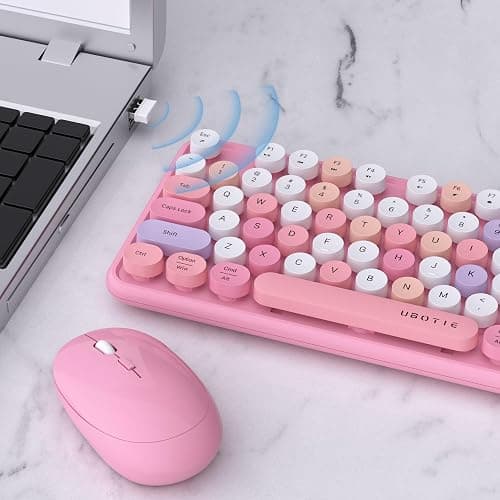 UBOTIE Colorful Computer Wireless Keyboard Mice Combo, Retro Typewriter Flexible Keys Office Full-Sized Keyboard, 2.4GHz Dropout-Free Connection and Optical Mouse (Pink-Colorful) thumbnail 3