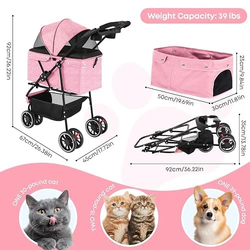Pet Stroller,Dog Stroller for Small Medium Dogs Cats,3 Wheels,Pink | Foldable,with Breathable Mesh Canopy,Cup Holders,Easy Assembly thumbnail 2
