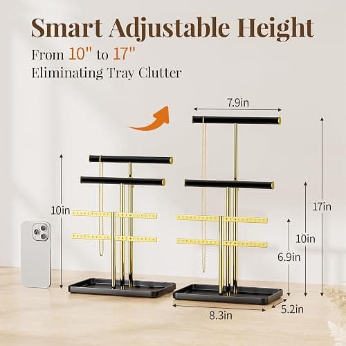 pickpiff Jewelry Holder Organizer with Velvet, Adjustable 10"-17" Tall, Metal Stand for Display Bracelet, Necklace, Earrings, Rings, Black and Gold thumbnail 2