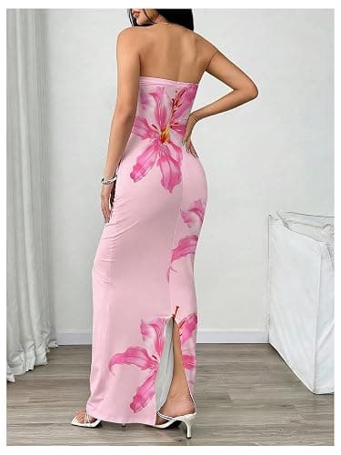 OYOANGLE Women's Floral Strapless Bodycon Maxi Dress Boho Sleeveless Slit Hem Vacation Tube Top Dresses thumbnail 3