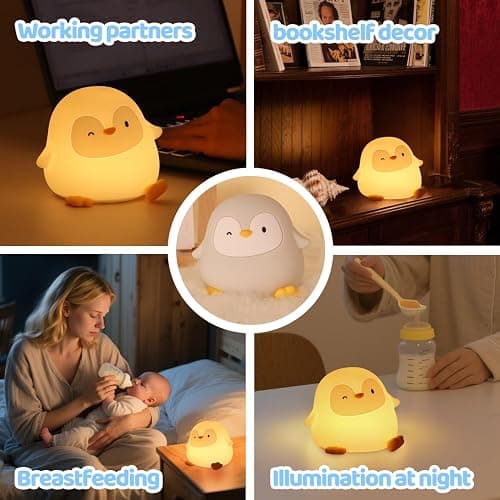 Emmanoth Penguin  Light, Squishy Silicone Touch Lamp with 2 Brightness Levels, Up to 50H Battery, 30-Min Auto-Off Timer, Soft Glow Bedside Nursery Lamp - Image 1