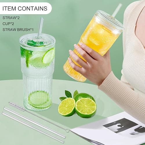 Luiaiog Glass Cups with Lids and Glass Straws, High Borosilicate 20OZ Tumblers (2Pcs) for Coffee, Tea, Juice, Smoothies, Hot/Cold Drinks at Home, Office thumbnail 7