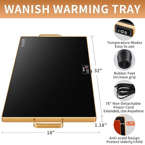 Electric Warming Tray (XXL 32”x18”)，Food Warmers for Parties Buffet with Thermostat & Full Surface Heating, Tempered Glass Warming Mat for Food, Temperature Adjustable Gold Handles Food Warming Mat thumbnail 2