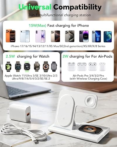 3 in 1 Foldable Charging Station for Apple Products,Wireless Charger for iPhone 17 16 15 14 13 12 Pro Max,Travel Dock Adapter&Light for iWatch Series 11 10 9 Ultra 3/2 SE 3/2,for AirPods 4 3 2 Pro 3/2 thumbnail 2