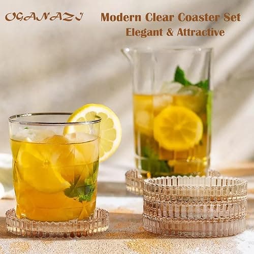 OGANAZI Modern Clear Coaster Set of 5- Glass Coasters for Drinks Crystal Coasters Round Cup Coasters Coffee Table Decor for Office, Kitchen, Bar, Dining Room, Living Room, Patio(Amber) thumbnail 6