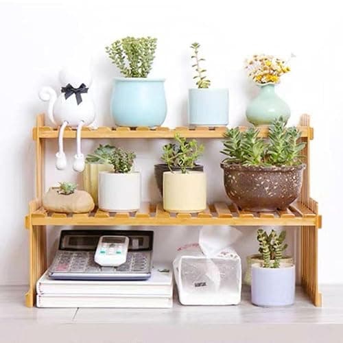 14.6"/10.8"/18.5"/22.8" 2 Tiers Bamboo Plant Stand Shelf,Desk Flower Pot Holder ,Adjustable Desktop Shelf Display Organizer Ladder Rack For Office Decorate Desk Shelving Storage Rack,Kitchen rack thumbnail 2