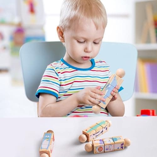 Promise Babe Wooden Animal Puzzle Toy for Toddlers 1-3, Rotating Spin Twist Blocks Set of 2, Learning Educational Montessori Toy Gifts for Kids Boys Girls, Whale and Fox thumbnail 7