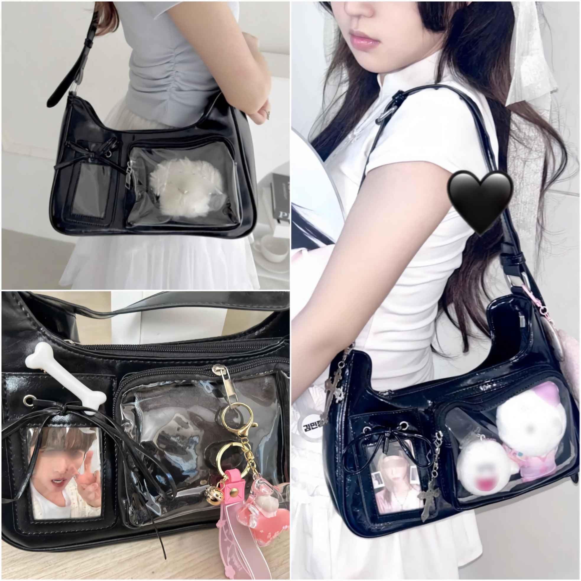 ita shoulder bag for women, pin display kawaii bow anime crossbody bag, cute y2k everyday coquette purse, Black, 11.42 x 3.15 x 7.87 inches thumbnail 2