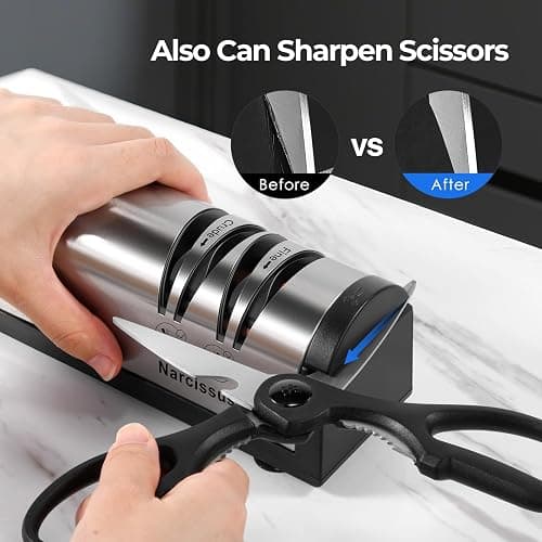 Narcissus Knife Sharpener, Professional 2 Stage Electric Knife Sharpener for Quick Sharpening & Polishing, with Scissors Sharpener and Metal Dust Collection Box, Stainless Steel, Silver thumbnail 6