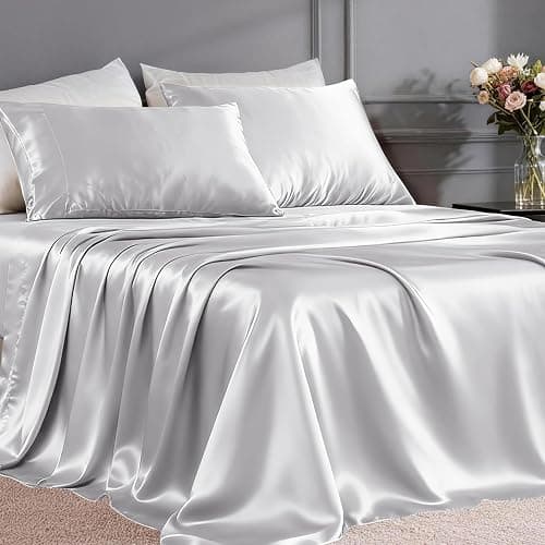 FreshCulture Satin Sheets Twin XL Bed Set - 3 Piece Luxury Soft Silky Bed Sheets, Similar to Silk Sheet Set with 1 Deep Pocket Fitted Sheet, 1 Flat Sheet & 1 Pillowcase (Silver Grey) - Image 1