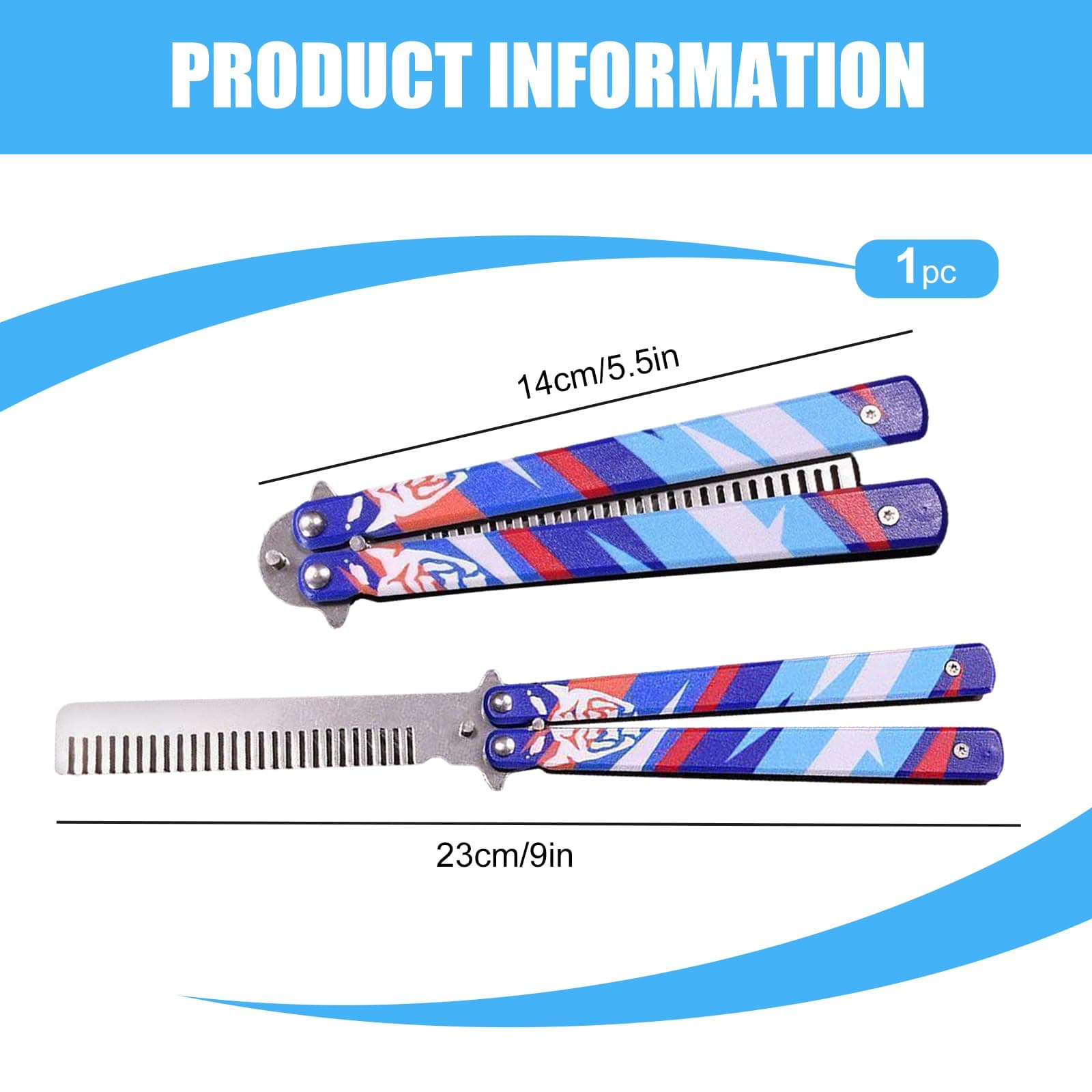 Butterfly Comb, Stainless Steel Folding Practice Combs, 3D Color Printing Tactical Butterfly-Open Pattern Trainer for Sport Outdoor Use (Blue) thumbnail 3