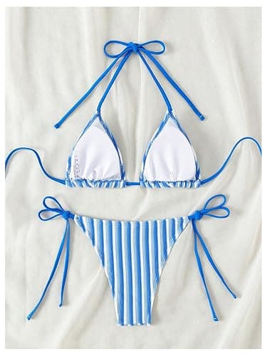 RoseSeek Women's 2 Piece Bikini Sets Halter Tie Side Triangle Swimsuit Striped Bathing Suit thumbnail 2