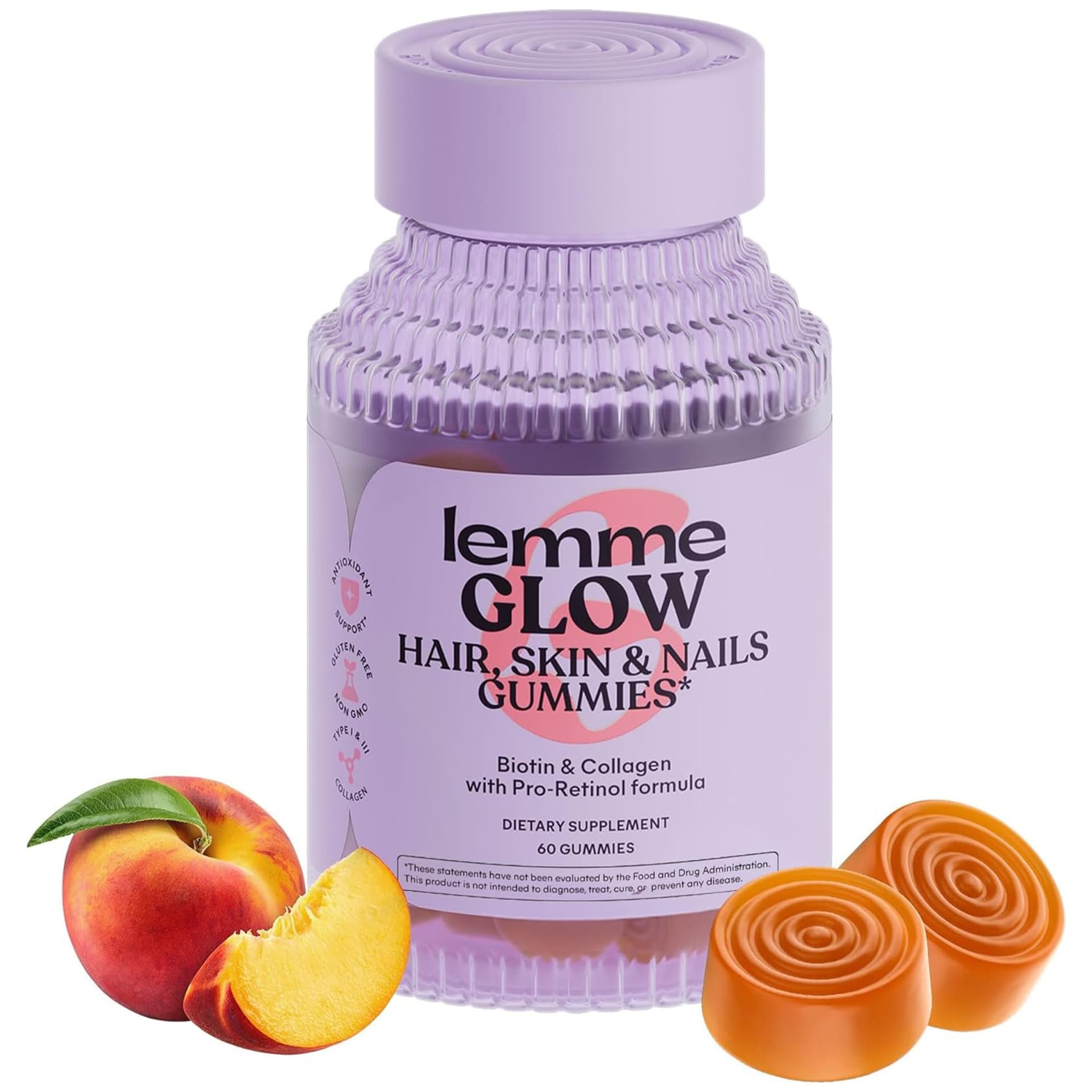 Lemme Glow Collagen Hair Gummies for Strong, Thick Hair & Reduced Shedding with Multi-Collagen Peptides, Biotin, Trace Minerals, Zinc, Vitamins A, C & E, Dairy & Gluten Free, Peach Flavor, 60 ct. - Image 1