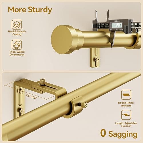 YaFex Curtain Rods 32-118 Inch, Heavy Duty 1 Inch Adjustable Curtain Rod for Windows, Gold Long Window Treatment Rods, Modern Design, Easy Installation thumbnail 4