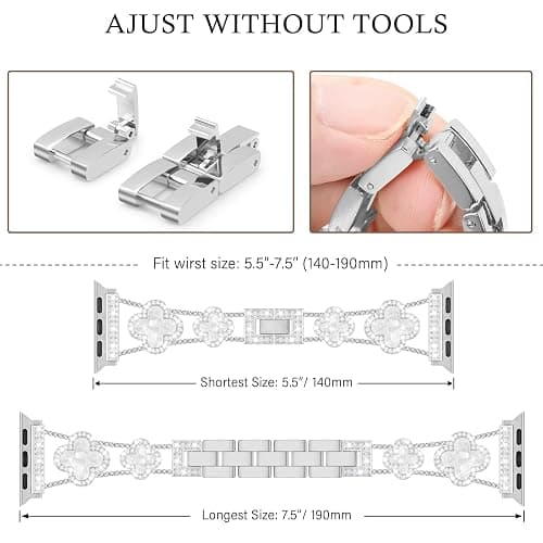 Tasikar Bling Diamond Women Band Compatible with Apple Watch Band 49mm 46mm 45mm 44mm 42mm 41mm 40mm 38mm Ultra SE Series 11 10 9 8 7 6 5 4 3 2 1 Lucky Clover Dressy Replacement Bracelet (Silver) thumbnail 5