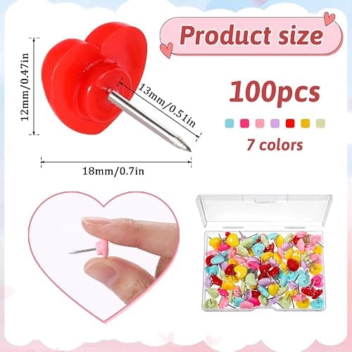 100 Pcs Heart Push Pins Colorful Cute Thumb Tacks Plastic Flat Head Thumbtacks Decorative Push Pins for Cork Board Notice Board Bulletin Map Location Home Office thumbnail 3