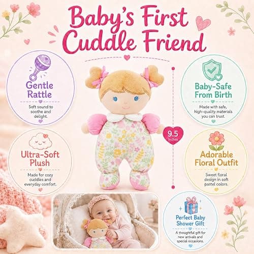 June Garden My First Doll Blossom, 9.5" Soft Plush Baby Doll with Gentle Rattle, Embroidered Face, Pink Floral Pajamas, First Doll Gift for Newborns, Infants & Toddlers thumbnail 4