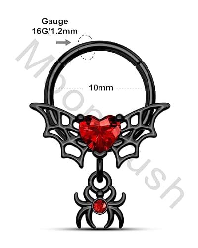 Mooncrush Jewelry Gothic Black Septum Ring 16G Spider Dangle With Red Heart Daith Piercing Jewelry - Stainless Steel thumbnail 7