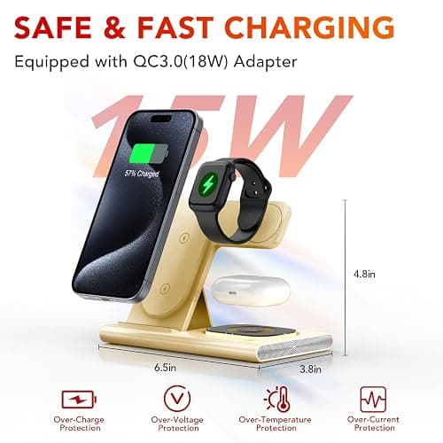 3 in 1 Charging Station for iPhone 17 - Wireless Charger for Apple Products for iPhone 17 16 15 14 13 12 11 Pro Max - Foldable Wireless Charging Station Dock Stand for iWatch Series & AirPods(Beige) thumbnail 5