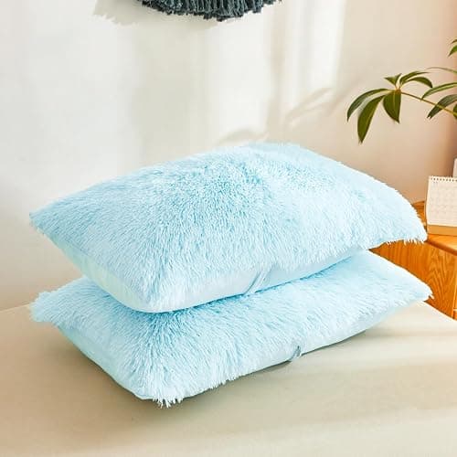 Blue Plush Pillow Covers, Fuzzy Fluffy Furry Shaggy Faux Fur Pillow Cases for Bedroom décor, Soft Blue Pillow Covers 26"x20" with Zipper Closure, Decorative Set of 2 thumbnail 3