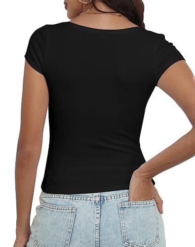 Artfish Women's Short Sleeve T-Shirts Low Scoop Neck Slim Fitted Ribbed Knit Casual Longer Crop Top thumbnail 3