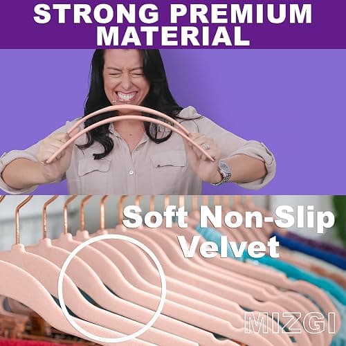 MIZGI Premium Velvet Hangers (50 Pack) Heavy Duty - Non Slip Felt Hangers - Blush Pink - Rose Gold 360 Degree Swivel Hooks,Space Saving Clothes Hanger,Durable Strong Hanger for Suits,Coats,Dress thumbnail 3