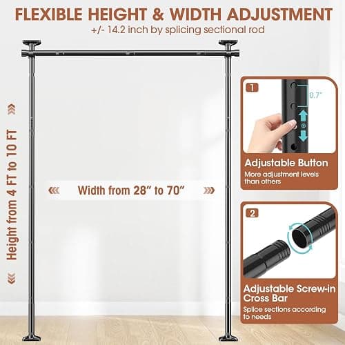 SUNALLY Room Divider Curtain Rod, No Drilling Room Separator for Space Partition Adjustable 4-10ft(H) 28-70inch(W) Heavy Duty Temporary Wall Divider Floor to Ceiling Tension Rod, Black thumbnail 2