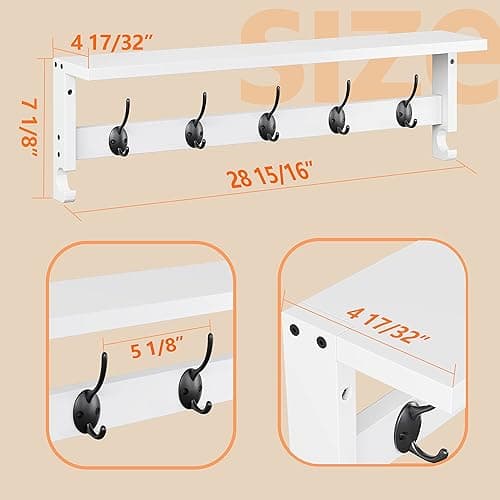 AMBIRD Coat Rack Wall Mount with Shelf, 28.9 Inches Coat Hooks Wall Mounted with 5 Hooks, Hat Wall Hooks for Hanging in Entryway, Living Room, Bathroom, Bedroom (White, 28.9 * 4.5 inches) thumbnail 3