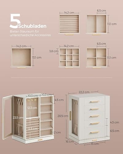 SONGMICS Schmuckkästchen 360° drehbar, Schmuckkasten 5 Schubladen, seitliche Glasfenster, geräumig, vertikale Schmuckaufbewahrung, offenes Design, Geschenkidee, weihnachten, wolkenweiß JBC170W01 thumbnail 3