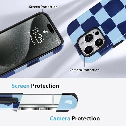KANGHAR Compatible with iPhone 15 Pro Max Case, Aesthetic Checkered Cute Pattern, Support for MagSafe Shockproof Cover for Girls Women -Blue thumbnail 5