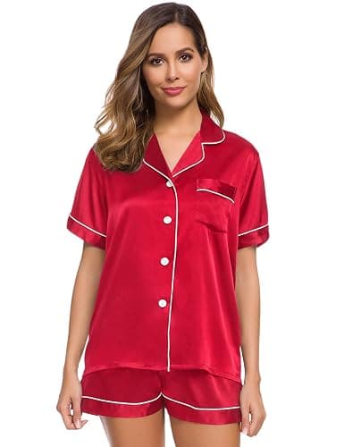 SWOMOG Womens Silk Satin Pajamas Set Short Sleeve Sleepwear Button Down Top and Shorts Loungewear 2 Piece Pjs Set XS-3XL thumbnail 2