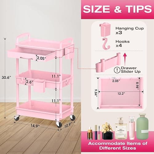 Goovilla Rolling Makeup Organizer Cart with Removable Drawer, 3 Tier Pink | Stable Floor Skincare Storage Cart for Vanity, Cosmetic Display, Nail Polish, Perfume, Hair Stuff, Beauty, Bathroom(Plastic) thumbnail 2