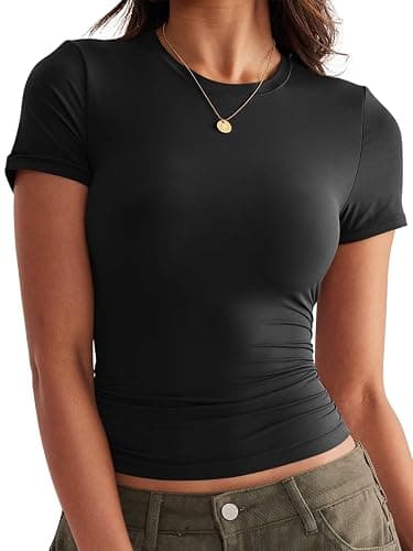 Womens Double Lined Tops Crewneck Short Sleeve Tees Basic Slim Fit T Shirts Y2K Summer Clothes 2025 - Image 1