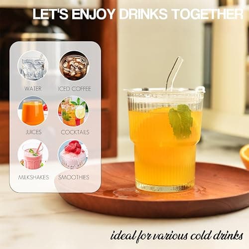 Haundry 14 oz Ribbed Glass cups with Lids and Straws, 2 Pack Iced Coffee Cups, Thickened Glassware Set, Ripple Design Glass Cups for Coffee, Soda, Smoothies, Cocktails and Juice thumbnail 4