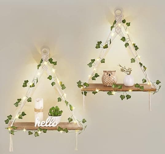 Mkono Artificial Ivy Macrame Hanging Shelves with Lights Set of 2 Boho Wall Decor Display Plants Photos Wood Floating Storage Shelf for Bedroom Bathroom Living Room Nursery Dorm Kitchen, White - Image 1