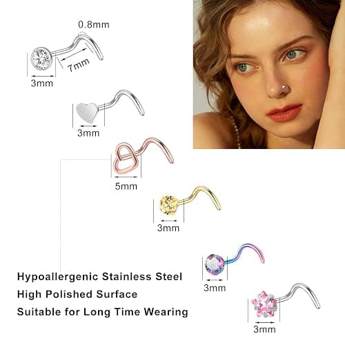 ONESING 36-44 Pcs 18G 20G Nose Rings Studs Nose Rings for Women Nose Piercings Jewelry Surgical Stainless Steel Nose Studs Moon Star Heart Butterfly Hypoallergenic Body Piercing Jewelry for Women Men thumbnail 2