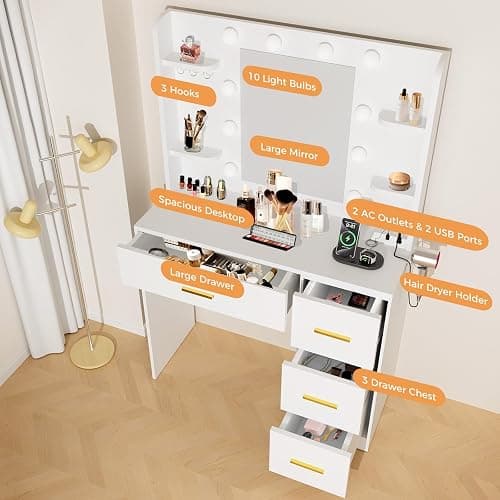 HABIUBIU 35” Small Vanity Desk with Mirror and Lights,10 Lights,3 Color Modes,Makeup Vanity Desk with 4 Storage Shelves 4 Drawers and Power Outlet,for Bedroom & Dressing Room,White vanitys thumbnail 4