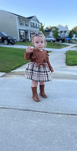 Newborn Baby Girl Fall Winter Outfit Set Plaid Romper Dress Ruffles Long Sleeve Clothes Jumpsuit with Bow Headband thumbnail 2